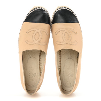 CHANEL Lambskin CC Espadrilles 39 Beige Black