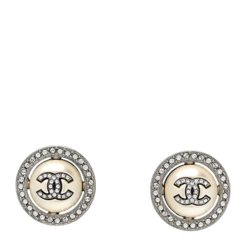 CHANEL Pearl Crystal CC Round Earrings Silver