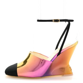 CHANEL Laminated Calfskin Grosgrain Cap Toe CC Wedge Pumps 38 Pink Orange Yellow Black