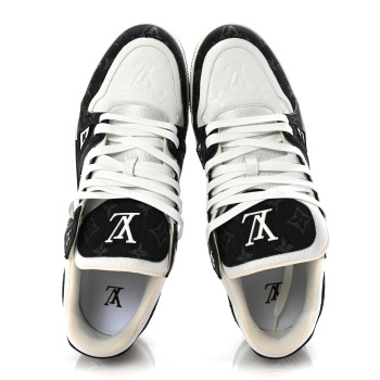 LOUIS VUITTON Calfskin Monogram Denim Mens LV Trainer Sneakers 11 Black