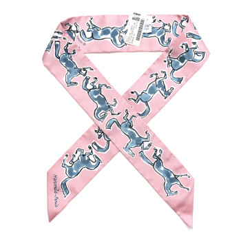 HERMES Silk Chevaux en Liberte Twilly Vieux Rose Bleu