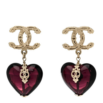 CHANEL Crystal CC Heart Drop Earrings Gold Purple