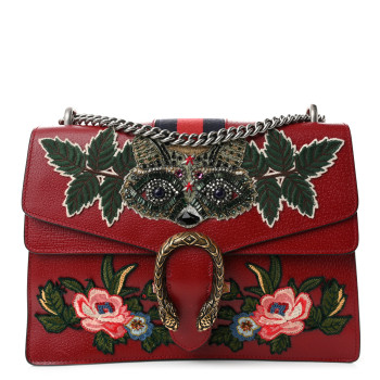 GUCCI Calfskin Web Raccoon Embroidered Medium Dionysus Shoulder Bag Red