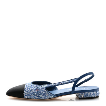 CHANEL Tweed Grosgrain Cap Toe Slingback Flats 39.5 Blue White Black