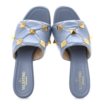 VALENTINO GARAVANI Nappa Quilted Roman Stud 65mm Slide Sandals 38 Azure