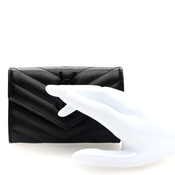 SAINT LAURENT Grain De Poudre Matelasse Chevron Small Monochome Monogram Envelope Wallet Black