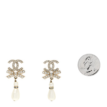 CHANEL Crystal CC Bow Pearl Drop Earrings Gold Pearly White
