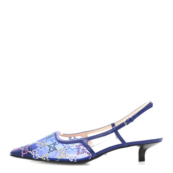 GUCCI Tela Retino Nappa Charlotte Crystal GG Monogram Square G 35mm Slingback Pumps 38.5 Splash Net Blue Witch