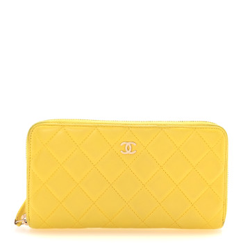 CHANEL Lambskin Quilted Large Gusset Zip Around Wallet Yellow