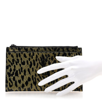 SAINT LAURENT Patent Glitter Leopard Monogram Zip Pouch Gold Black