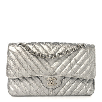 CHANEL Metallic Patent Crumpled Calfskin Chevron Quilted Medium Double Flap Silver