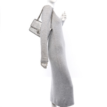 CHANEL Metallic Patent Crumpled Calfskin Chevron Quilted Medium Double Flap Silver