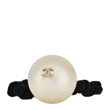 CHANEL Pearl CC Hair Tie Black Gold Pearly White