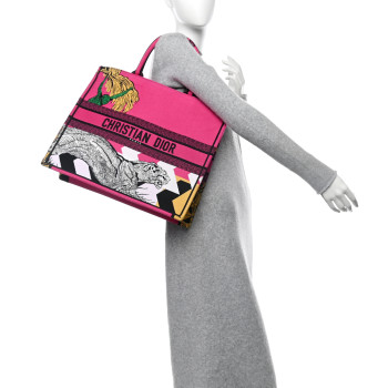 CHRISTIAN DIOR Canvas Embroidered Large Jungle Pop Book Tote Fuchsia Multicolor