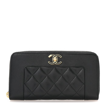 CHANEL Sheepskin Quilted Large Gusset Mademoiselle Vintage Zip Around Wallet Black CHANEL Sheepskin Quilted Large Gusset Mademoiselle Vintage Zip Around Wallet Black