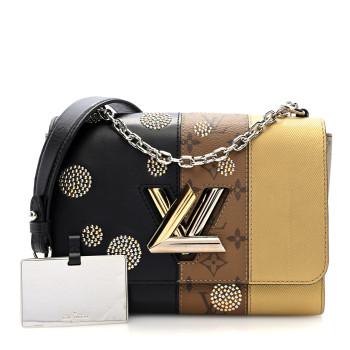 LOUIS VUITTON Calfskin Reverse Monogram Studded Twist Shoulder Bag MM Black Gold