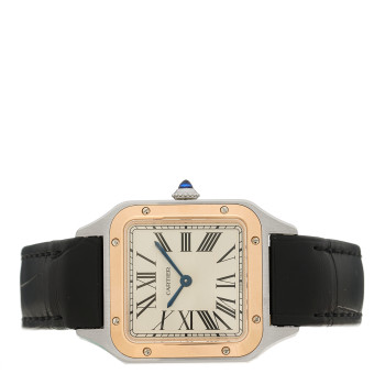CARTIER Stainless Steel 18K Pink Gold Alligator 27.5mm Santos Dumont Quartz Watch