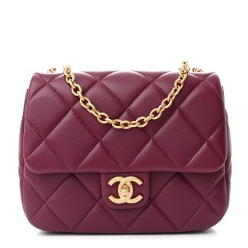 CHANEL Lambskin Enamel Pearl Quilted Mini Charm Me Square Flap Dark Purple