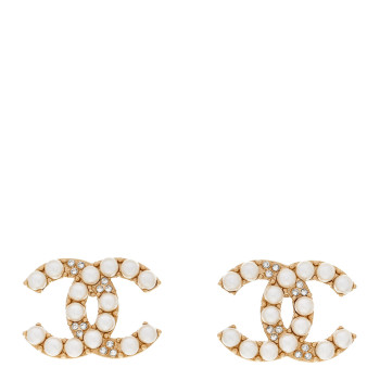 CHANEL Crystal Pearl CC Clip On Earrings Gold