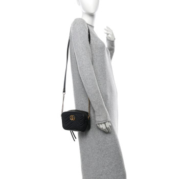 GUCCI Calfskin Matelasse Mini GG Marmont Chain Shoulder Bag Black