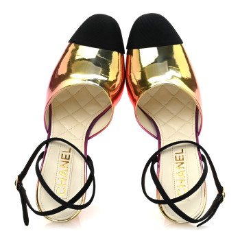 CHANEL Laminated Calfskin Grosgrain Cap Toe CC Wedge Pumps 38 Pink Orange Yellow Black