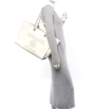 CHANEL Cotton Medium Deauville Tote White