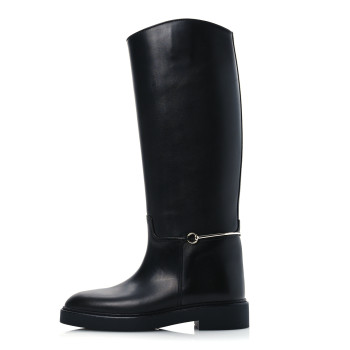 GUCCI Shiny Calfskin Michelangelo Slim Horsebit Riding Boots 38 Black