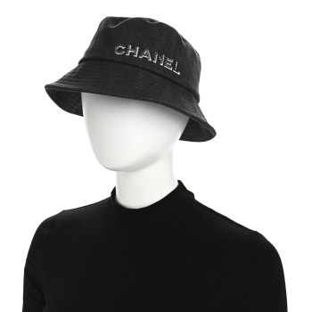 CHANEL Denim Sequin Cloche Logo Bucket Hat M Black