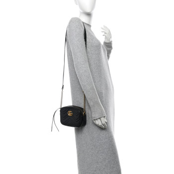 GUCCI Calfskin Matelasse Mini GG Marmont Chain Shoulder Bag Black