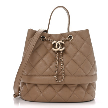 CHANEL Caviar Quilted Rolled Up Bucket Drawstring Bag Beige