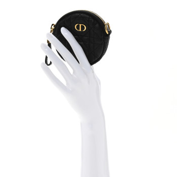 CHRISTIAN DIOR Supple Calfskin Cannage Round Detachable Caro Coin Purse Black