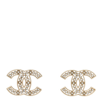 CHANEL Pearl Crystal Sparkling Pearls CC Earrings Light Gold