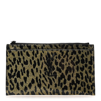 SAINT LAURENT Patent Glitter Leopard Monogram Zip Pouch Gold Black