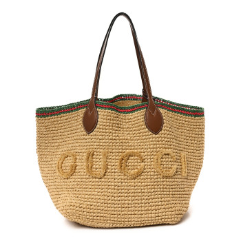 GUCCI Raffia Woven Web Logo Medium Tote Bag Natural Brown