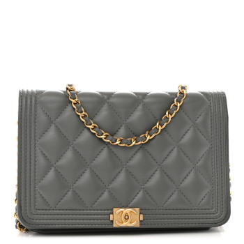 CHANEL Lambskin Quilted Boy Wallet On Chain WOC Grey