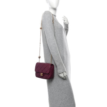 CHANEL Lambskin Enamel Pearl Quilted Mini Charm Me Square Flap Dark Purple