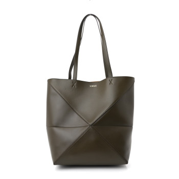 LOEWE Shiny Calfskin Medium Puzzle Fold Tote Dark Khaki Green
