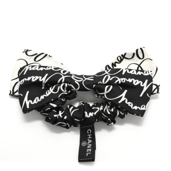 CHANEL Silk Twill Logo Bow Hair Tie Black White