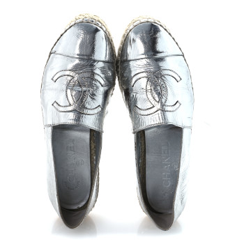 CHANEL Laminated Goatskin CC Espadrilles 38 Silver