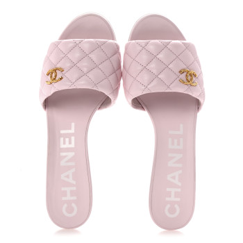CHANEL Lambskin Quilted Textured CC Mules 39.5 Light Pink
