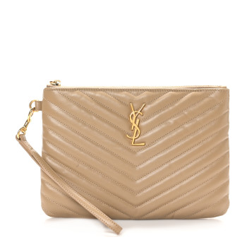 SAINT LAURENT Calfskin Matelasse Chevron Monogram A5 Wristlet Dark Latte