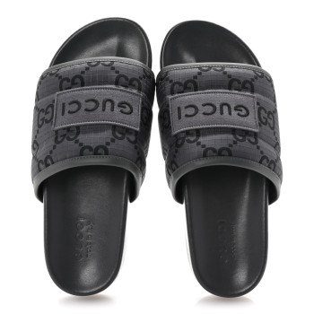 GUCCI Monogram Ripstop Demetra Mens Slide Sandals 8 Grey Black