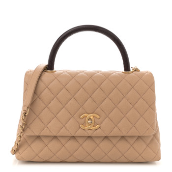 CHANEL Caviar Lizard Embossed Quilted Small Coco Handle Flap Beige
