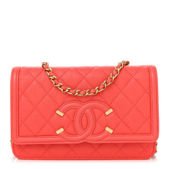 CHANEL Caviar Quilted CC Filigree Wallet On Chain WOC Coral