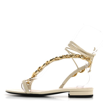 GUCCI Vernice Crystal Lambskin Marina Ankle Wrap Sandals 37 New Ivoire