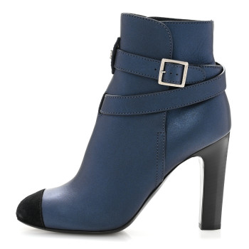 CHANEL Calfskin Suede Cap Toe CC Short Boots 40 Navy Black