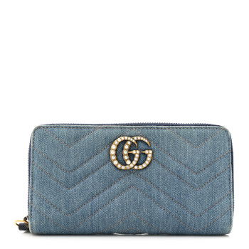 GUCCI Denim Matelasse Pearly GG Marmont Zip Around Wallet Blue