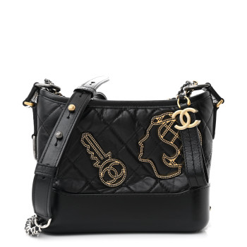 CHANEL Aged Calfskin Quilted Charms Small Gabrielle Hobo Black