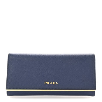 PRADA Saffiano Metal Bar Continental Flap Wallet Bluette