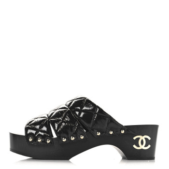CHANEL Patent Lambskin Quilted CC Clogs 38 Black